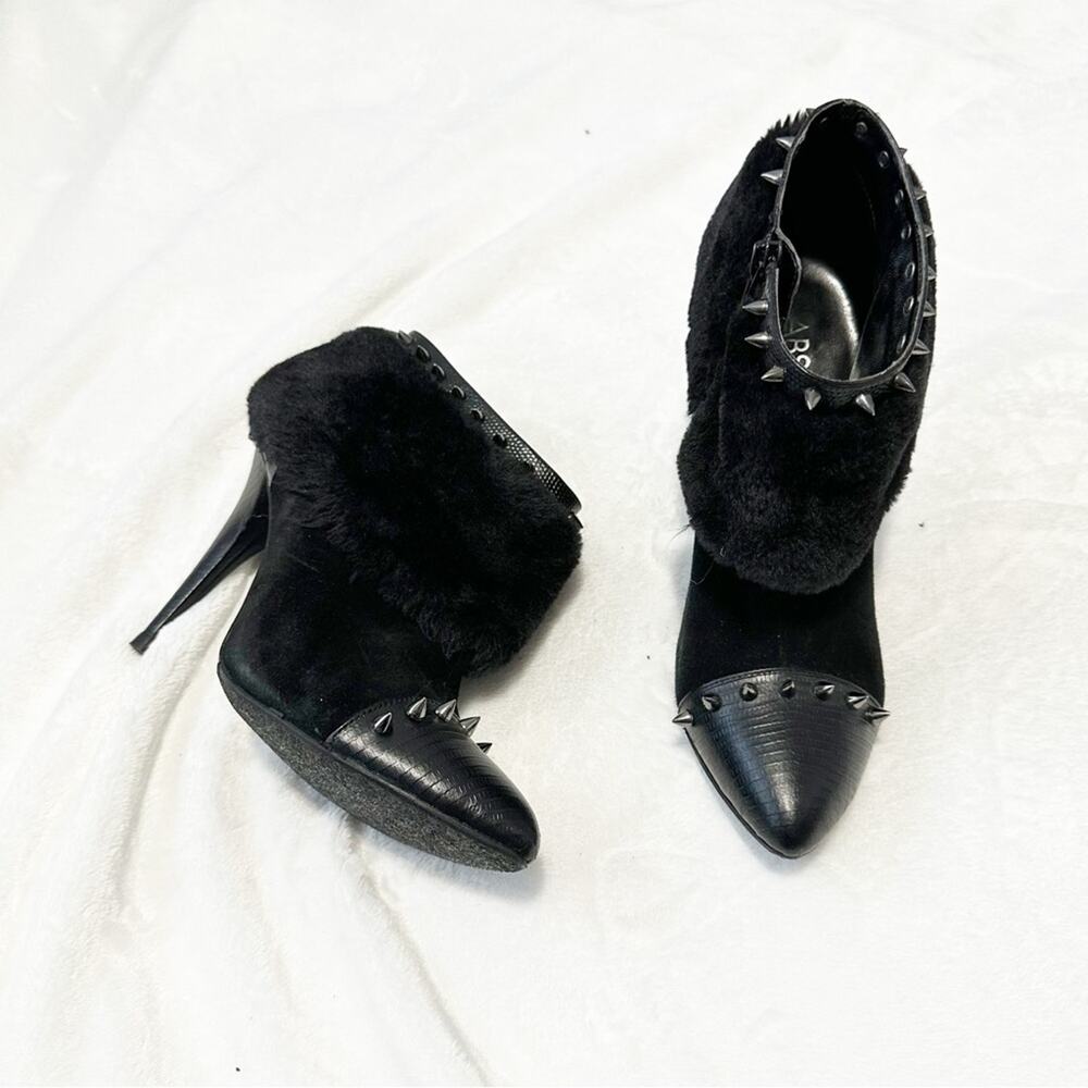 ABS Allen Schwartz Black Studded Ankle Boots fur heeled booties spiked size 8
